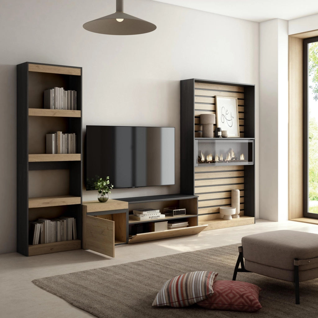 Mobile TV, Soggiorno, 320x35x186cm, Camino elettrico, colore Rovere e nero RF2599