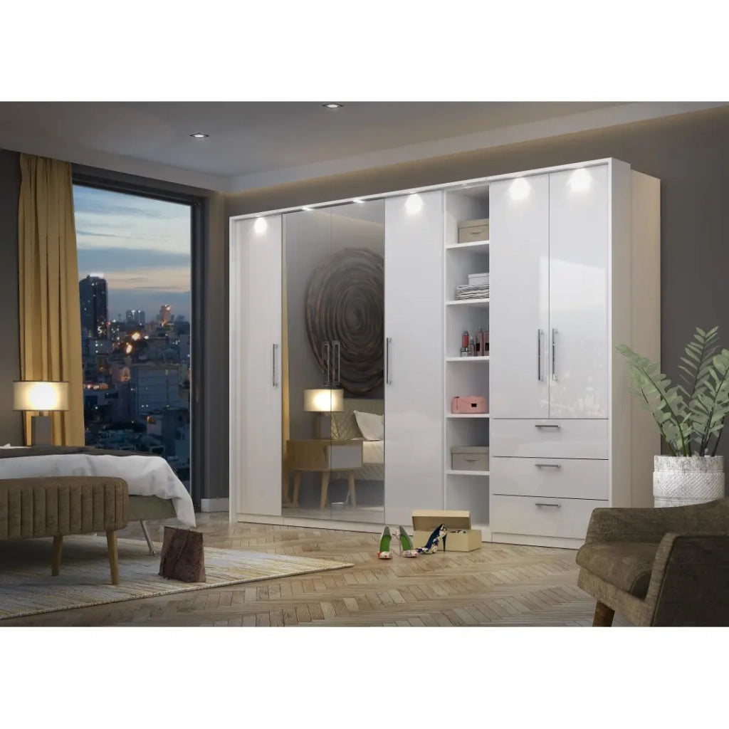 Cabina armadio completa collezione MODULO colore bianco con LED, pannelli di finitura e pacchetti di ripiani inclusi.