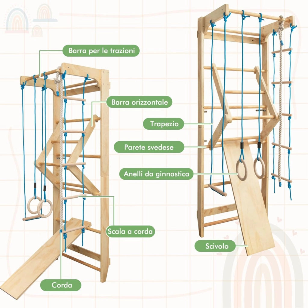 Spalliera Svedese Adulti e Bambini, Scala Svedese in Legno a 10 Gradini con Vari Accessori, Spalliera Palestra e Casa Multifunzionale, Carico Massimo 100 kg, 220 x 80 x 60 cm