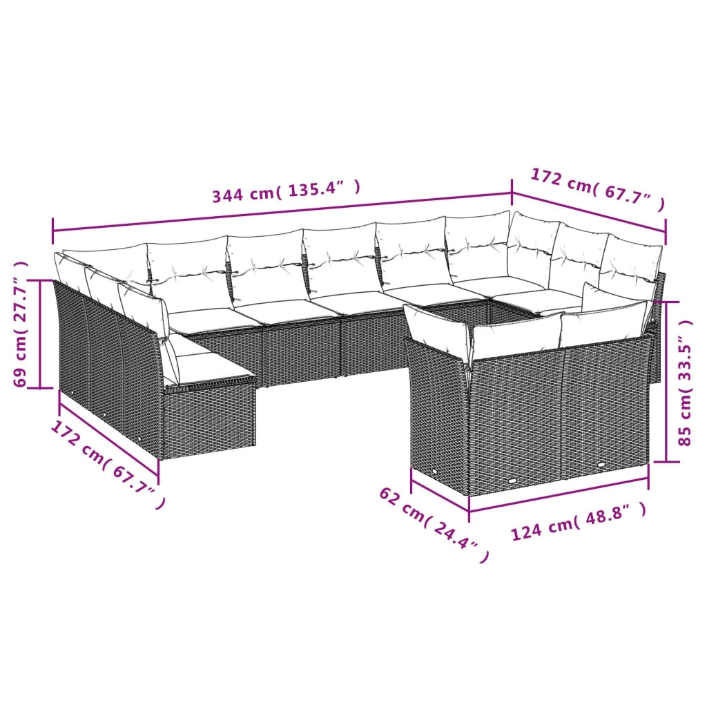 Set Divani da Giardino 12 pz con Cuscini Nero in Polyrattan 3250264