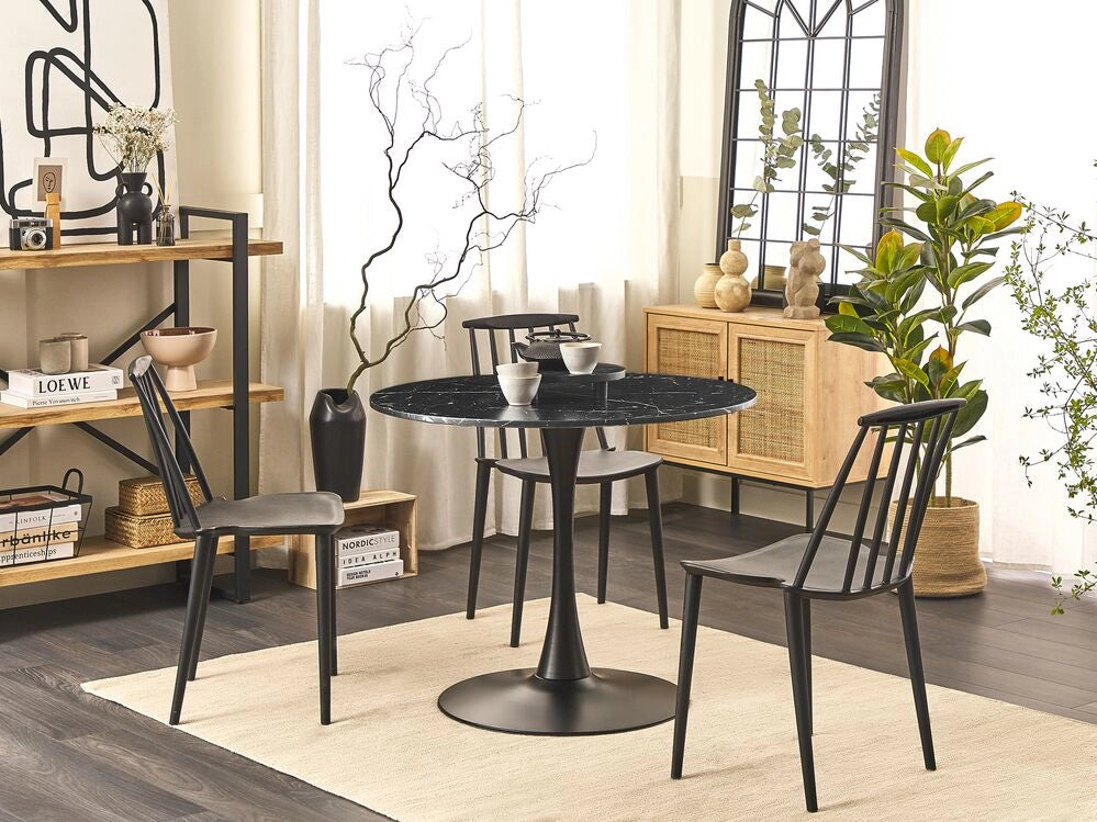 Tavolo da pranzo in marmo Nero con piano in MDF Nero base in metallo tavolo da cucina rotondo industriale da 90 cm