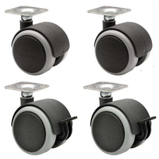 Set di ruote per mobili/doppie ruote 4 pezzi - diametro 50 mm - altezza 65 mm - superficie morbida - piatto di viti 42 x 42 cm - 2 con chiusura - capacità di carico 50 kg/ruota