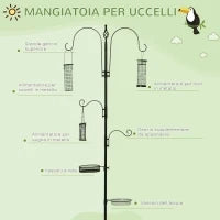 Mangiatoia per Uccelli a 4 Ganci con Vassoi e 3 Alimentatori diversi in Acciaio 54.5x54.5x208cm Nera