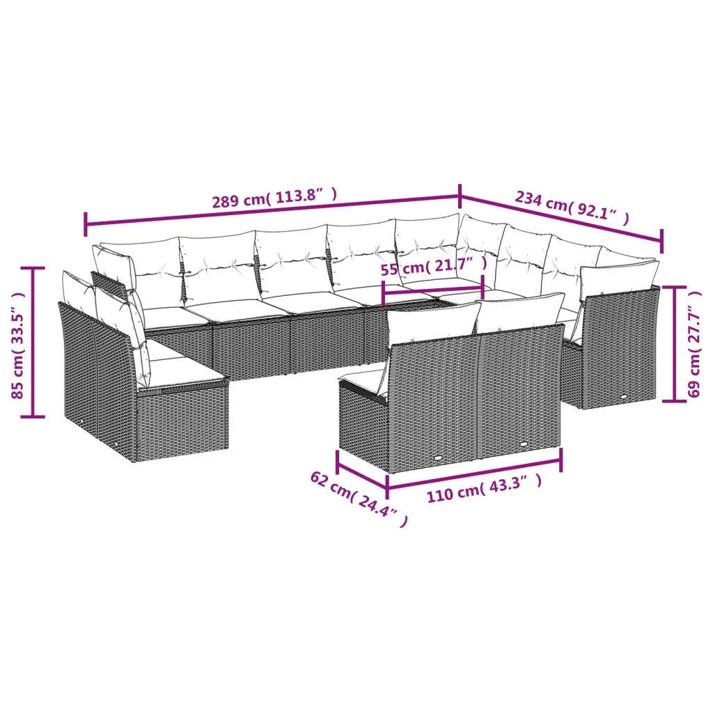 Set Divani da Giardino 12 pz con Cuscini Marrone in Polyrattan