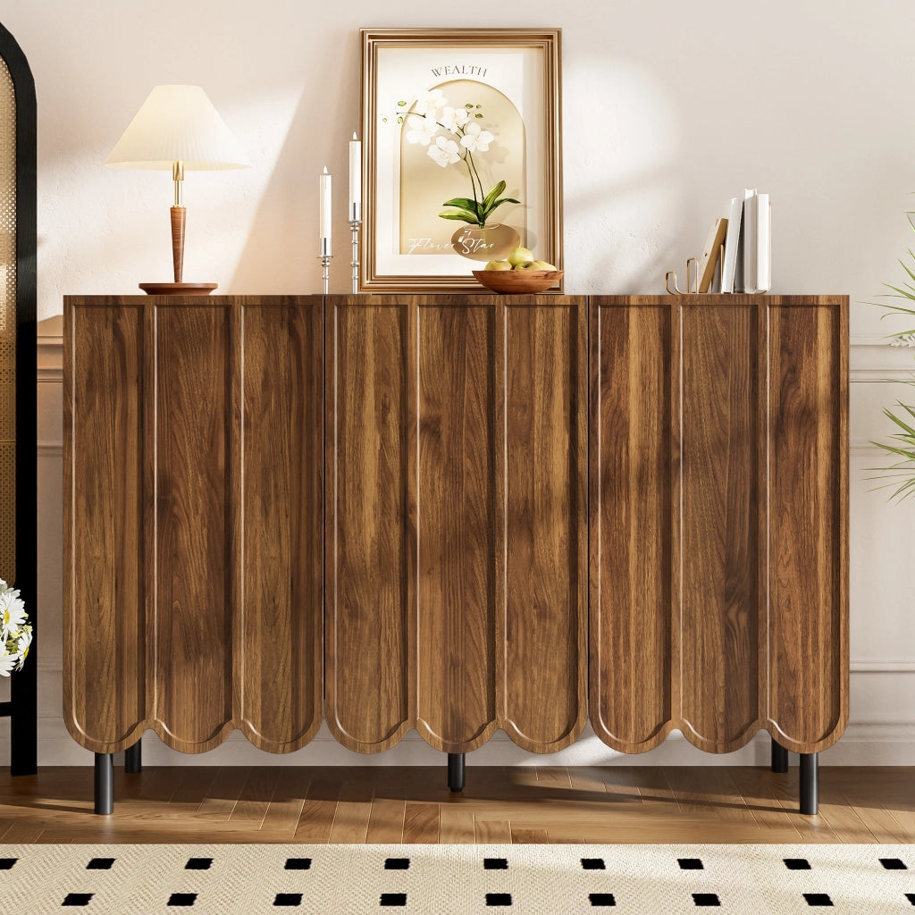Credenza e Madia 120??35??80 cm con 2 Ante Ondulate senza Maniglie; Ripiani Regolabili; in MDF; Noce