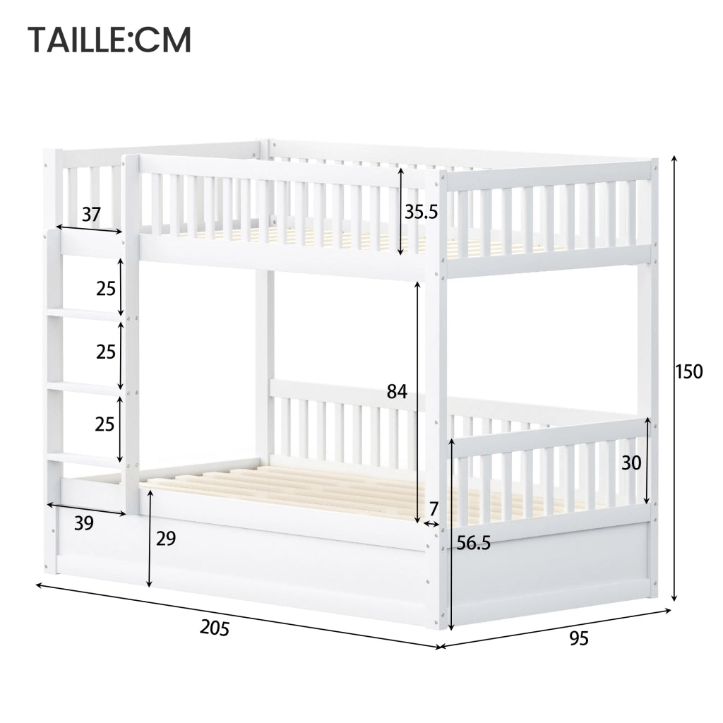 Letto a Castello 90x200 cm con Contenitore Idraulico; Scala di Sicurezza in Legno Bianco
