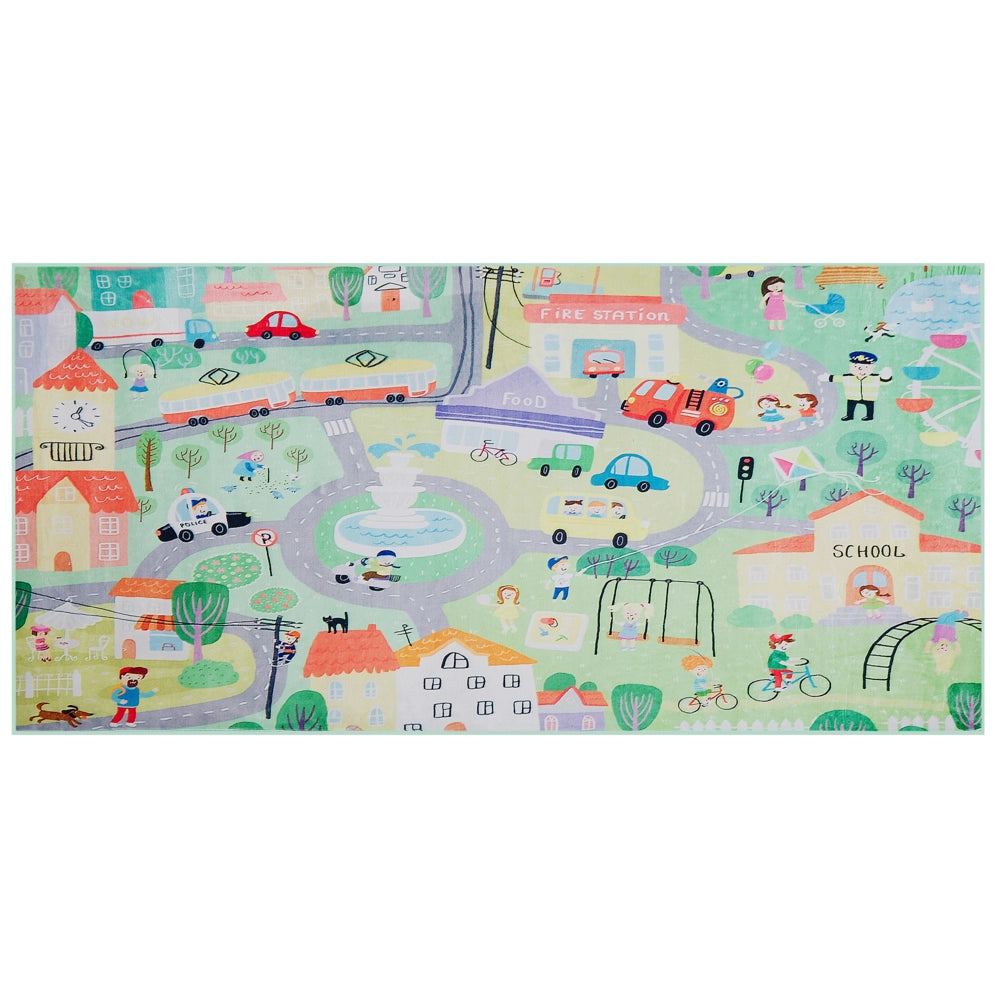 Tappeto per bambini Verde Poliestere Mappa stradale Città Stampa Tappetino da pavimento 80 x 150 cm