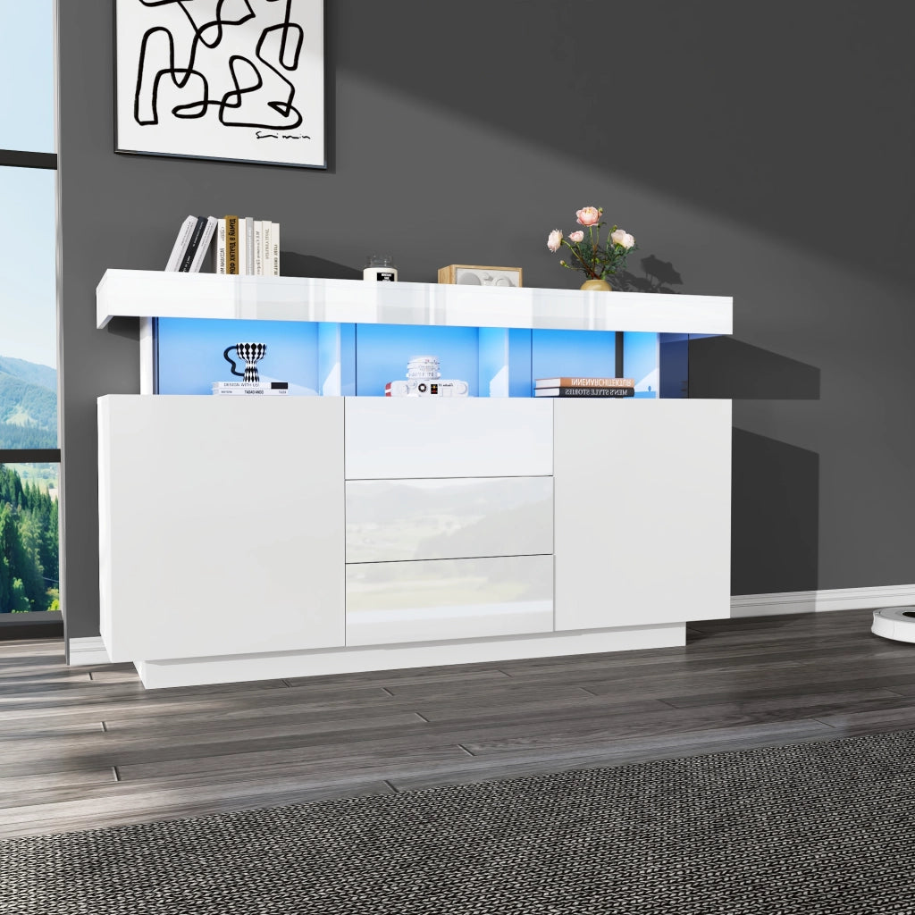 Sideboard moderno 140 x 35 x 80 cm bianco lucido con LED, 3 cassetti e 2 ante