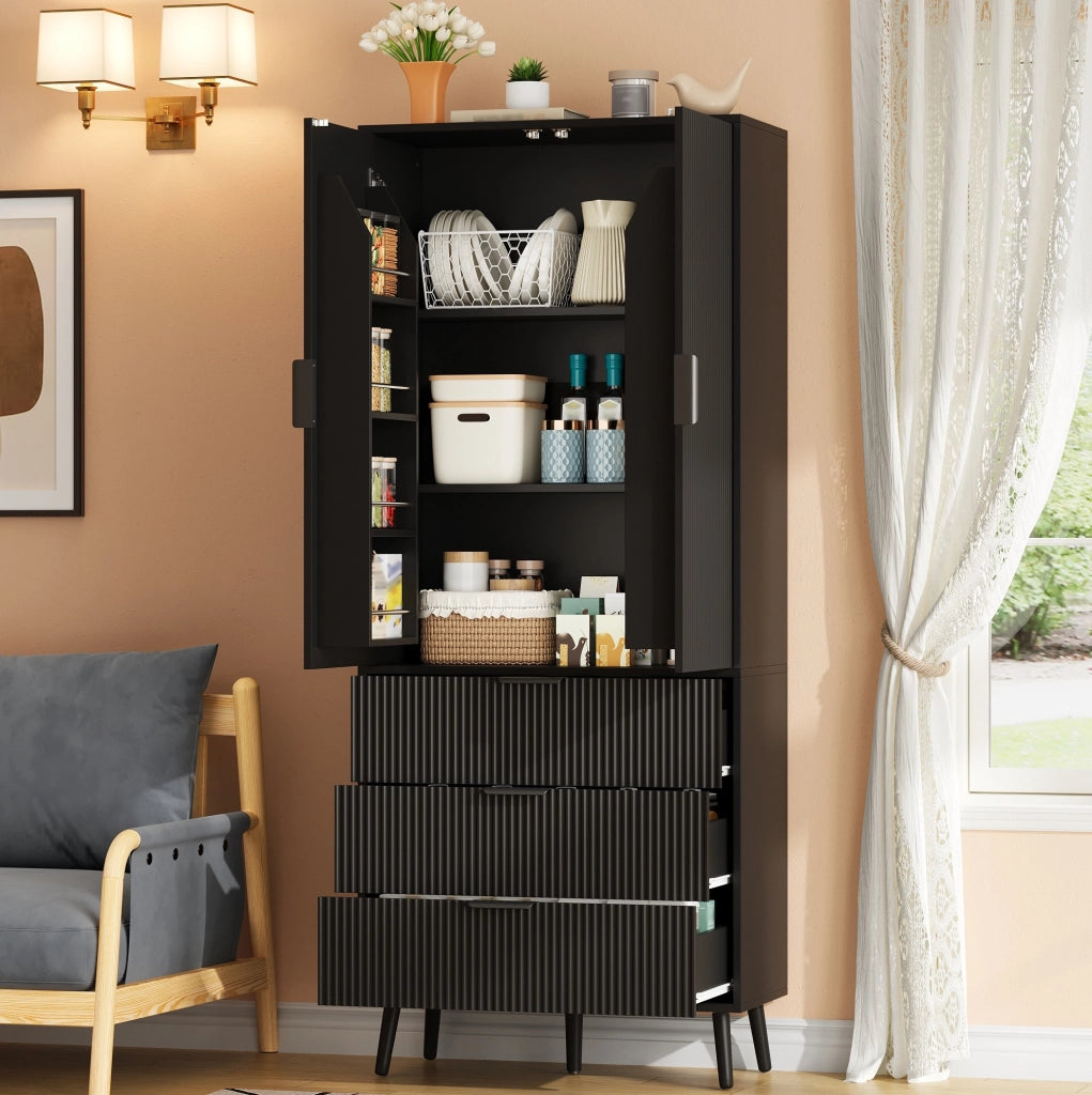 ARMADIO Contenitore 75x35x180 cm MDF Nero con 2 Ante e 3 Cassetti