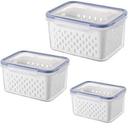 Set di 3 contenitori di conservazione per frigorifero, contenitori per alimenti, frutta e verdura con coperchio e foro di ventilazione, organizzatore per frigorifero a doppio piano in legno (azzurro chiaro)