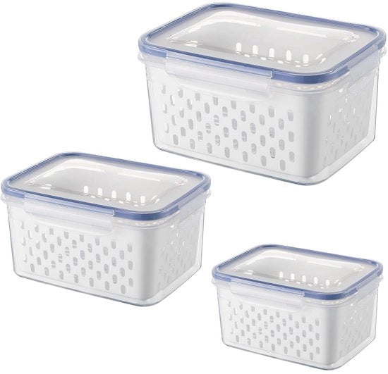 Set di 3 contenitori di conservazione per frigorifero, contenitori per alimenti, frutta e verdura con coperchio e foro di ventilazione, organizzatore per frigorifero a doppio piano in legno (azzurro chiaro)