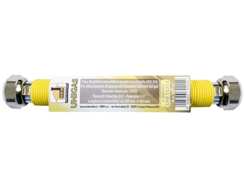 Tubo flessibile gas  estensibile INOX 3/4''  200 / 400 mm F/F giallo inox norma UNI 11353