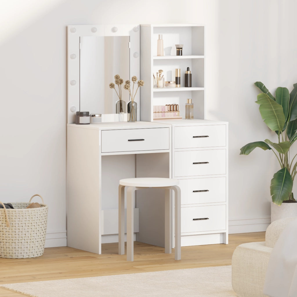 Set di due pezzi per il tavolo da trucco con LED in legno ingegnerizzato bianco