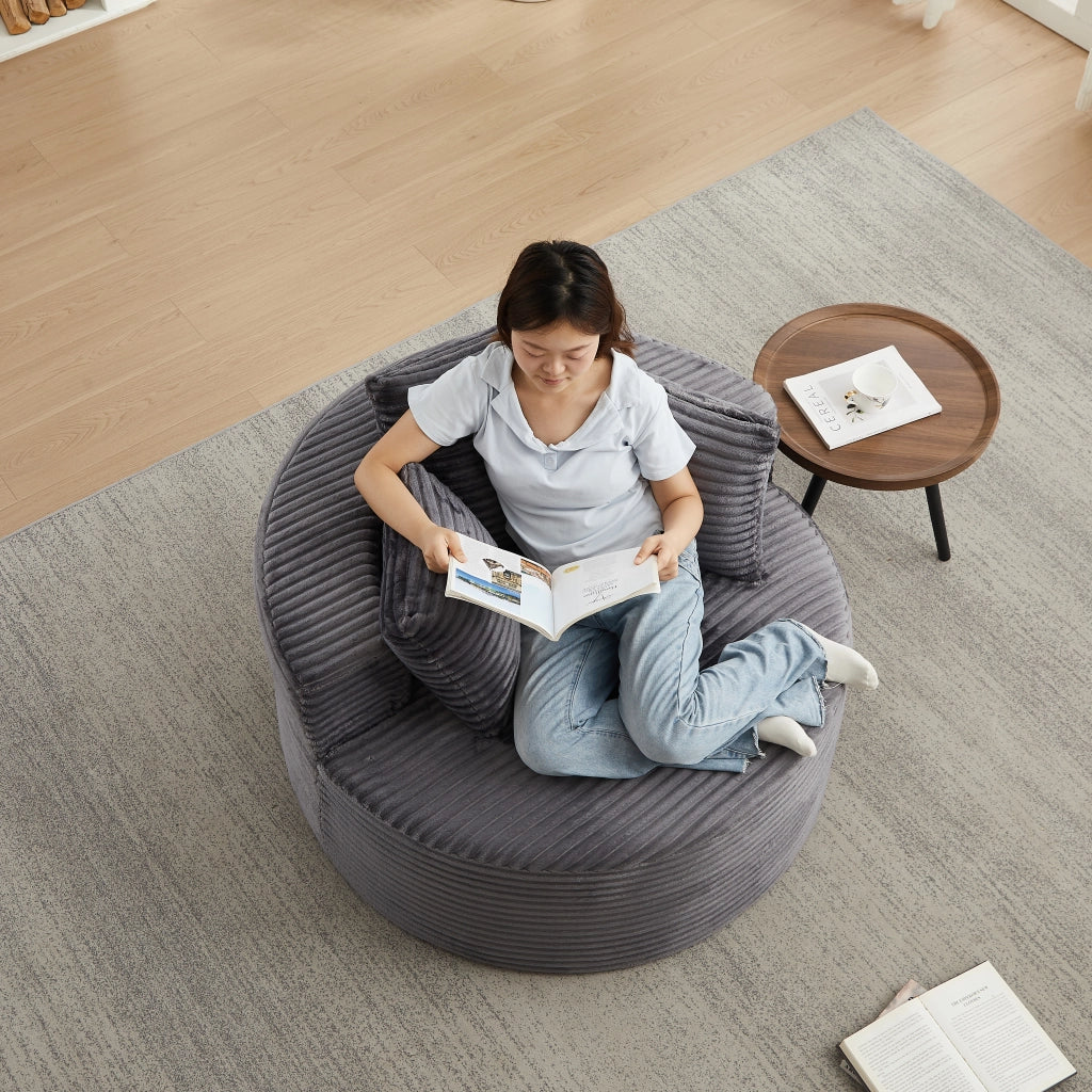 Poltrona lounge rotonda con braccioli larghi e 3 cuscini design minimalista in velluto a coste grigio 116 × 34 × 31 cm