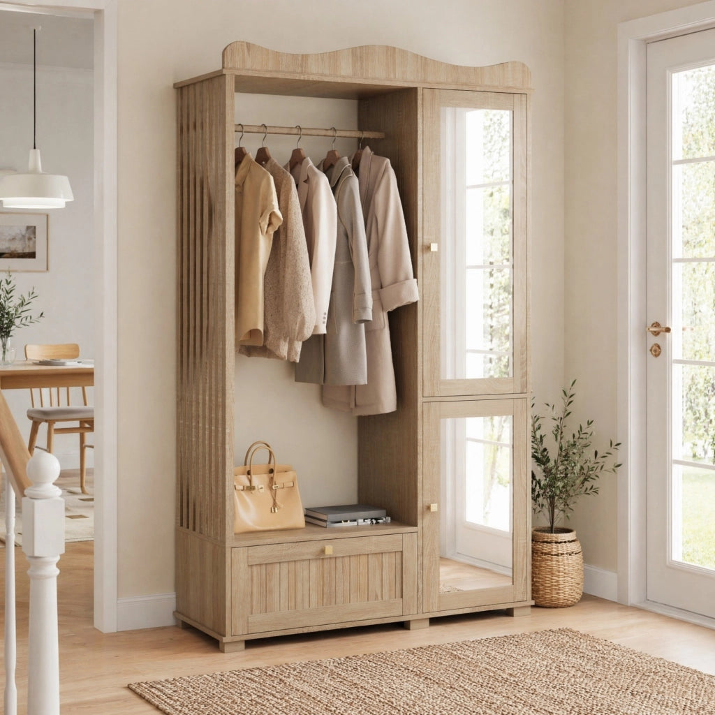 Armadio guardaroba aperto con specchio intero; asta appendiabiti e cassetti in MDF rovere
