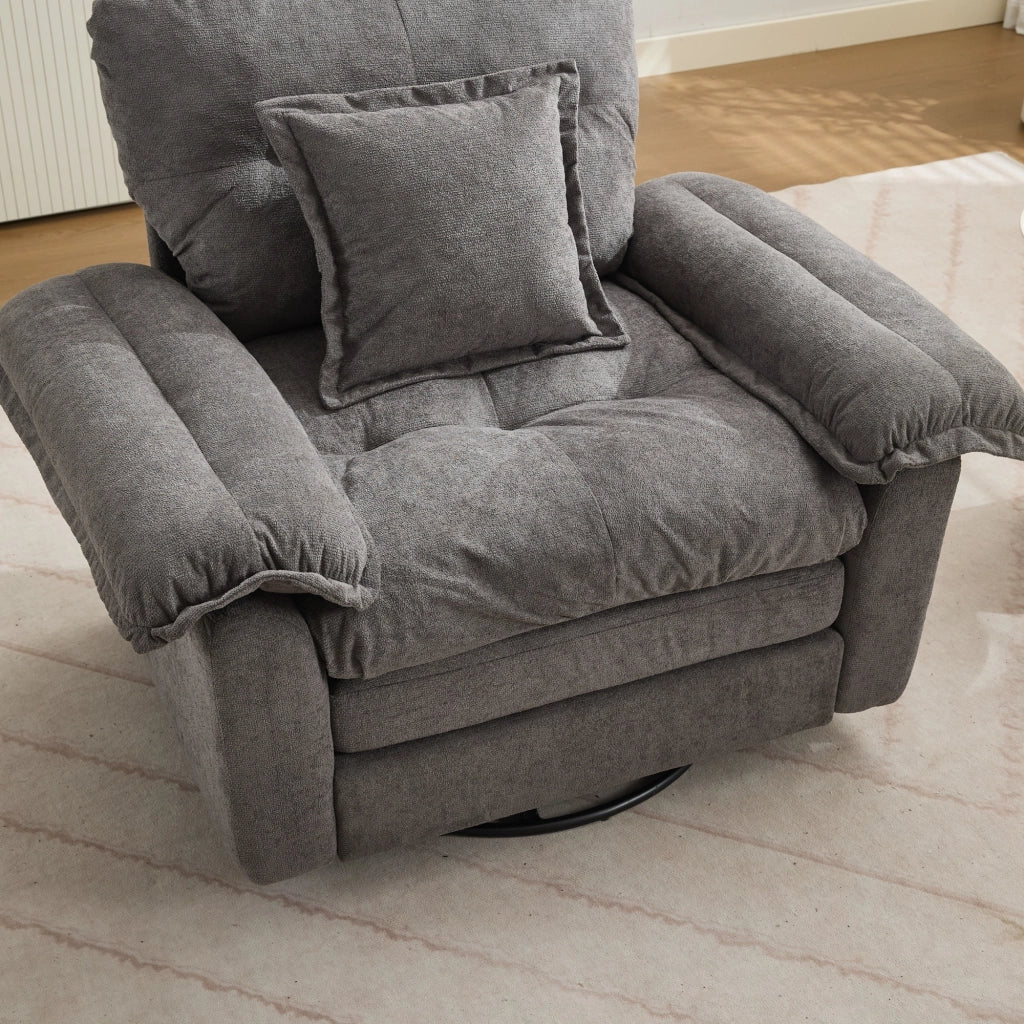Fauteuil girevole a 360° oversize con cuscino di supporto e base in metallo in ciniglia grigia