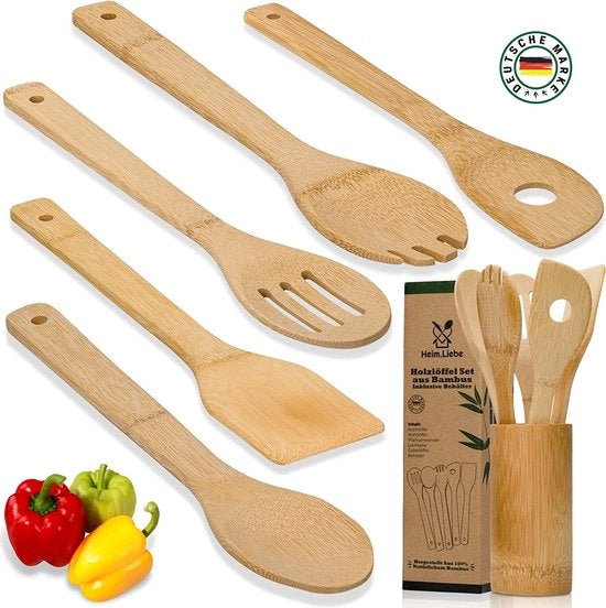 Set di cucchiai in legno di bambù con contenitore - bambù duraturo (FSC) - LFGB - prodotto tedesco - cucchiaio da cucina, cucchiaio da minestra, spatola, gatto, cucchiaio da servire, contenitore