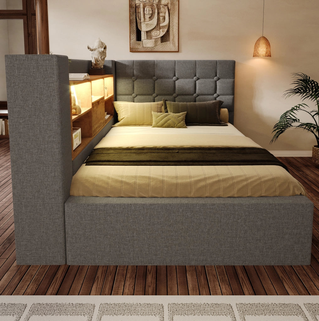 Letto singolo imbottito 90x190 cm con contenitore; LED e prese USB; grigio