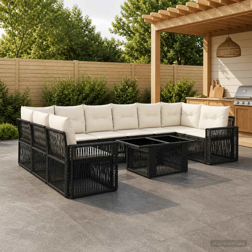 Set Divano da Giardino 11 pz Nero e Bianco Crema polyrattan 3436840