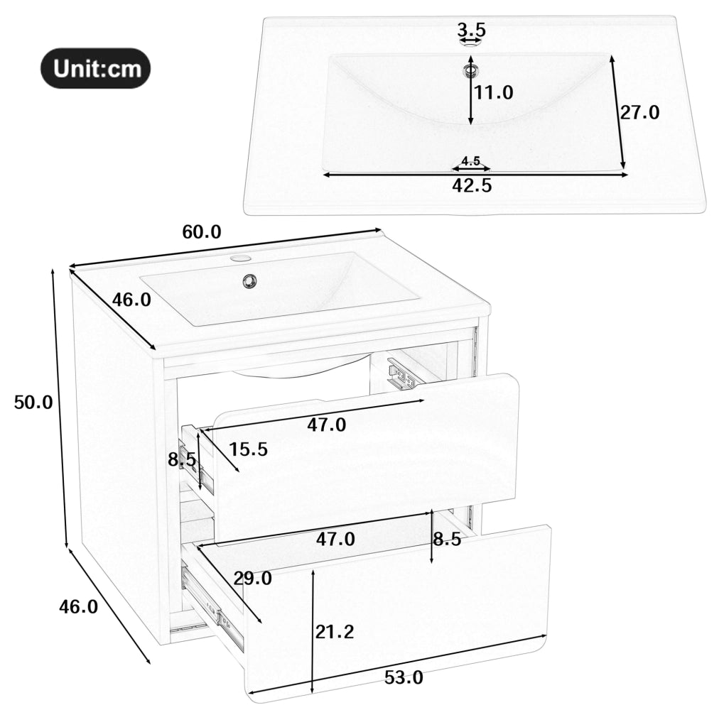 Mobile bagno sospeso 60x46x50 cm con lavabo e luce LED