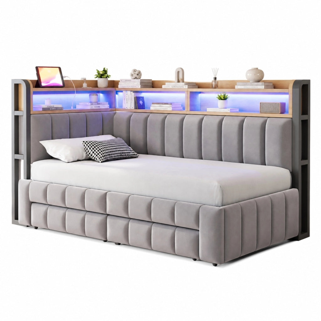 Letto imbottito trasformabile 90x200 cm in 180x200 cm con contenitore, LED, USB e Type-C, velluto grigio chiaro