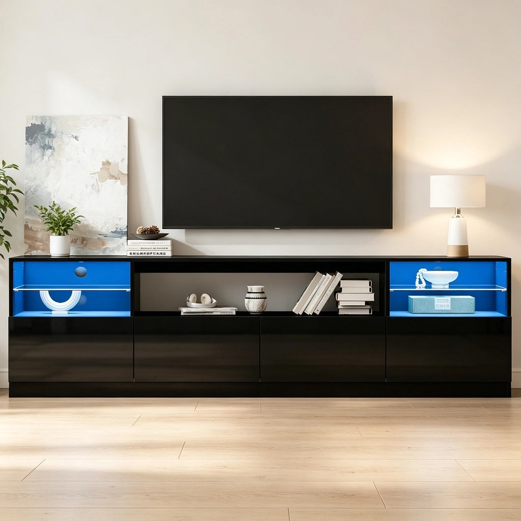 Mobile TV con 4 ante; 8 vani e LED per soggiorno 180x35x60 cm in truciolato nero