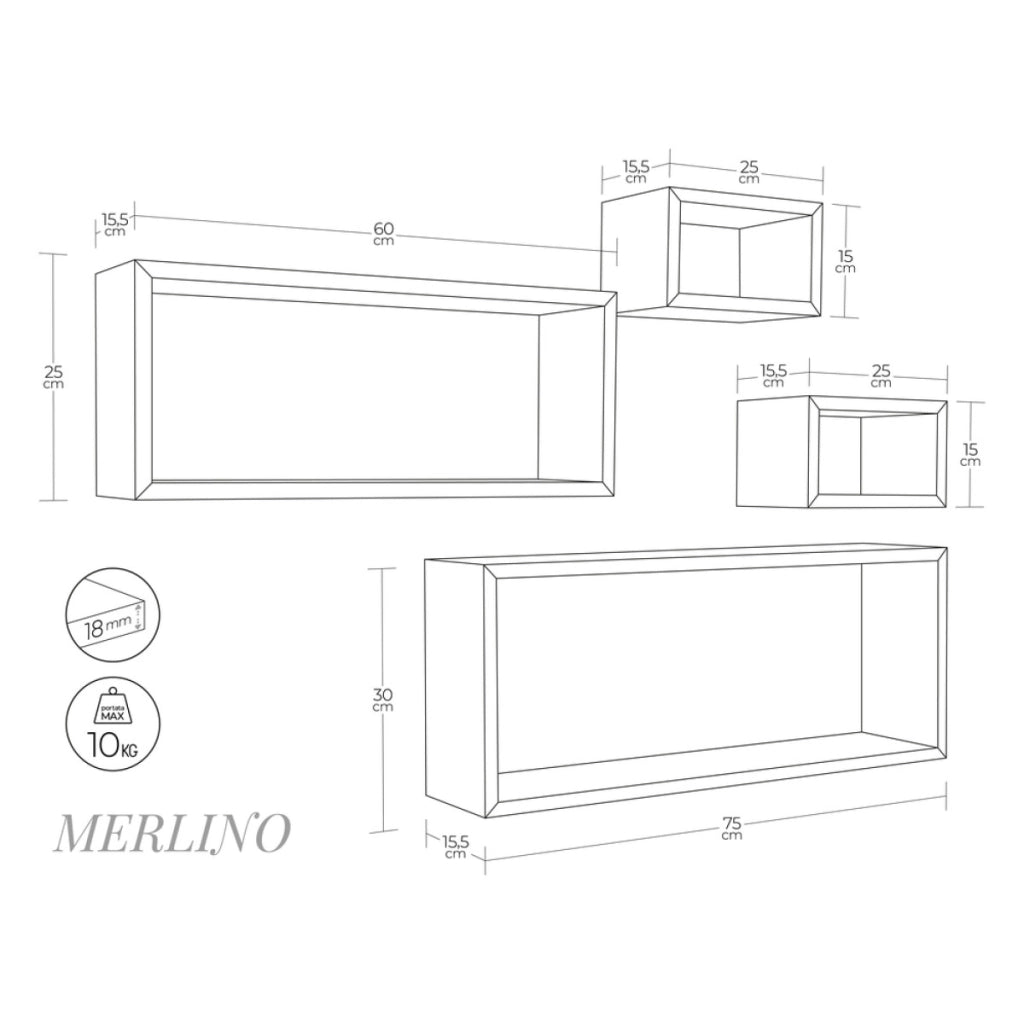 Set 4 Mensole da Muro Modello MERLINO, Pensile Bagno, Mensola Parete, Scaffale Parete. Misure 75x30 p15.5 cm, 60x25 p15.5 cm e 2 da 25x15 p15.5 cm. Finitura  NERO - MADE IN ITALY