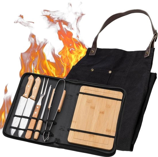 Set di griglia - Set di coltelli in acciaio inossidabile con lama a forma di lancia, set di spiedi in legno, grembiule in lino, tavola in legno - Accessori per barbecue e cucina da campeggio