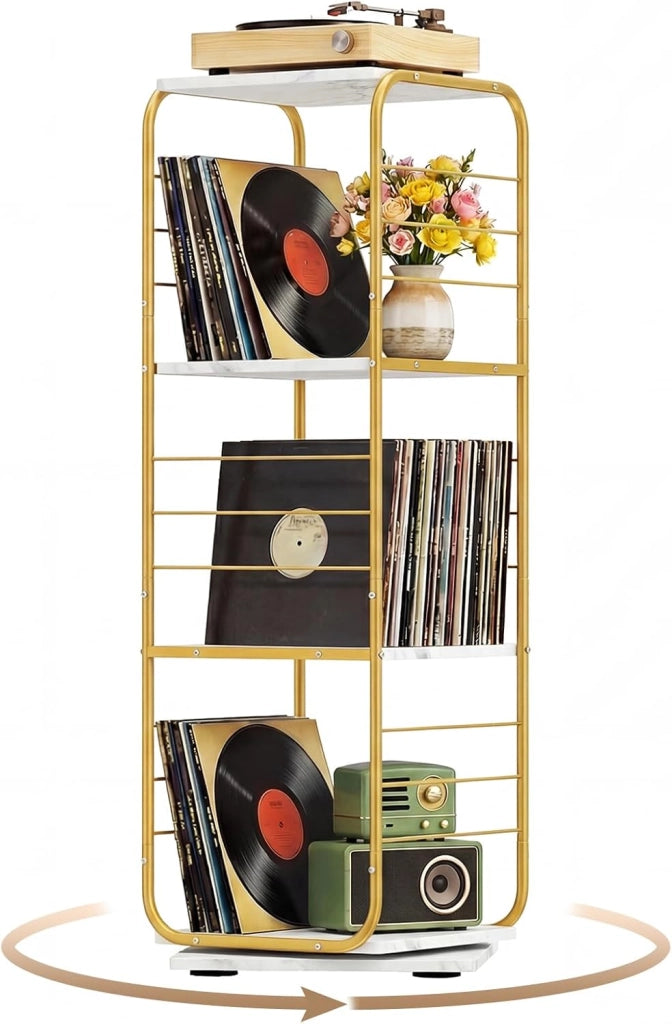 Supporto Giradischi Girevole a 4 Ripiani, Porta Dischi Rotante a 360° con Struttura in Metallo, Scaffale d'Angolo Salvaspazio per Casa, Ufficio e Soggiorno, 40x40x115 cm (Marrone)