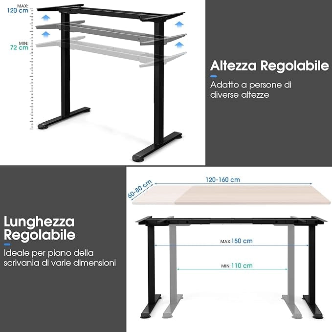 Scrivania Regolabile in Altezza, Scrivania Elettrica con 2 Motori con Memoria, Protezione Anticollisione e Vassoio per Cavi, Standing Desk per Casa e Ufficio, Portata 100 kg (Nero)