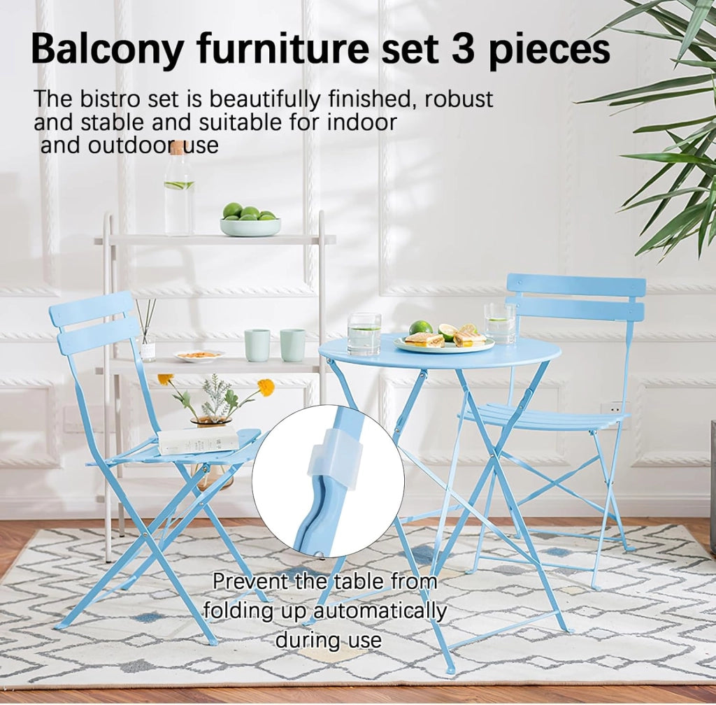 Set da Bistrò 3 Pezzi, Tavolo da Giardino Pieghevole Metallo, Set da Balcone con 2 Sedie, Mobili da Giardino, Pieghevole, Tavolo con Sedie per Balcone e Terrazzo, Blu