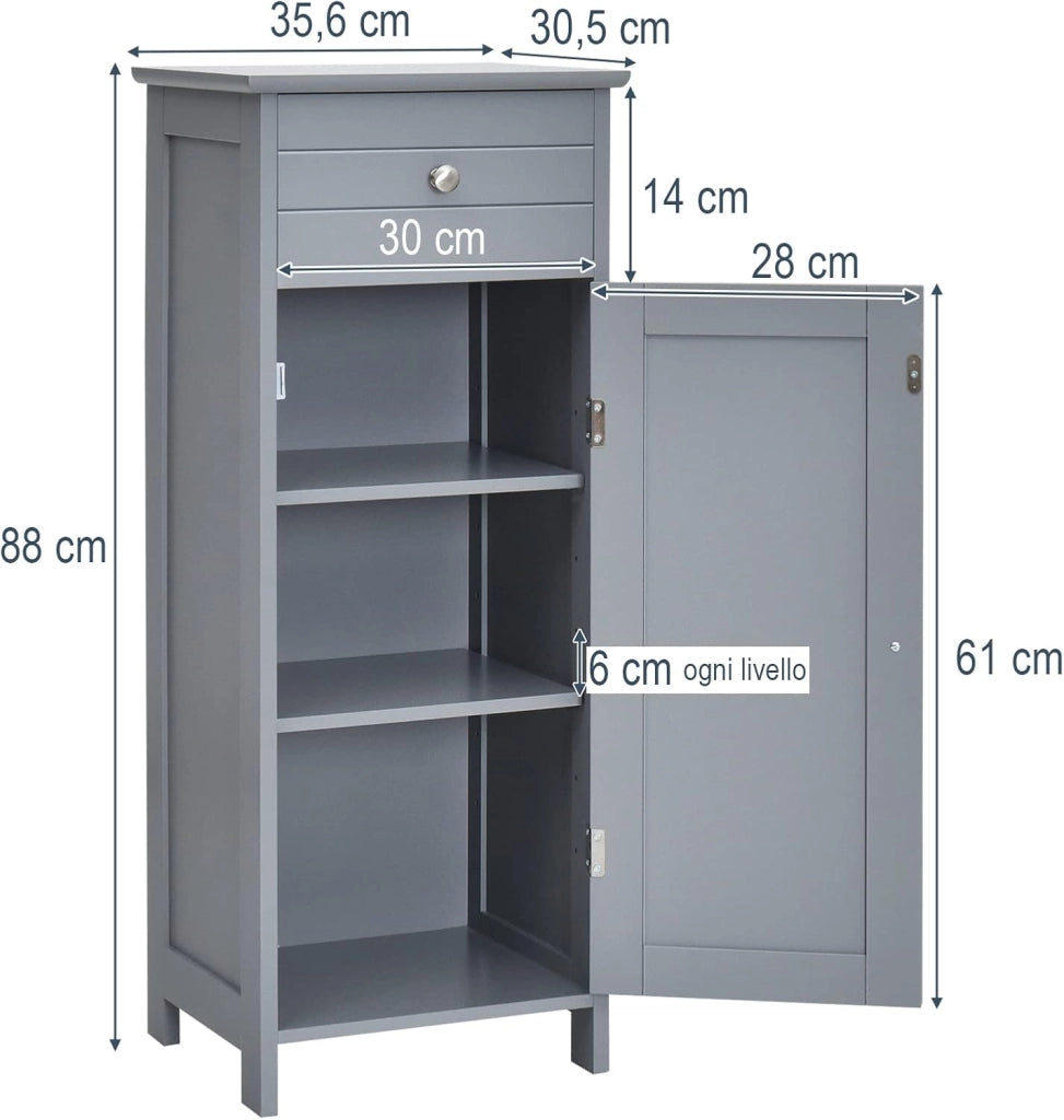 Mobile Bagno, Armadietto Salvaspazio con Cassetto e 2 Ripiani Regolabili, Mobiletto Multiuso in Legno per Soggiorno, Camera da letto e Ufficio, 36 x 30 x88cm (Grigio)