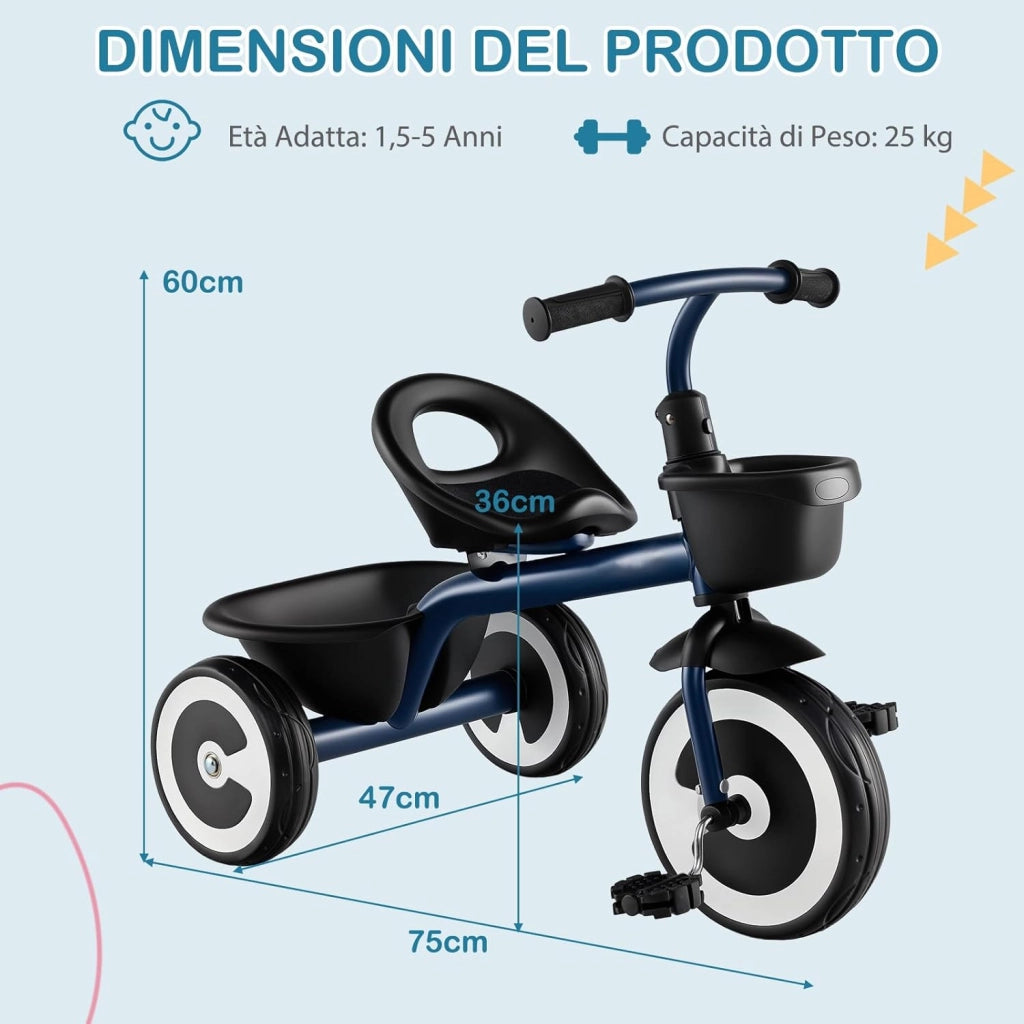 Triciclo per Bambini, Trike con Sede Regolabile Cestini Anteriori e Posteriori, Bicicletta a 3 Ruote con Telaio in Ferro Carbonioso di Alta Resistenza, per Bambini 1,5-5 Anni (Blu)