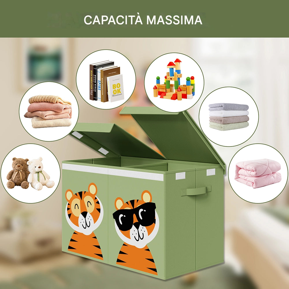 Box Contenitore Giocattoli con Animali Doppio Pieghevole 80L Verde Salvaspazio