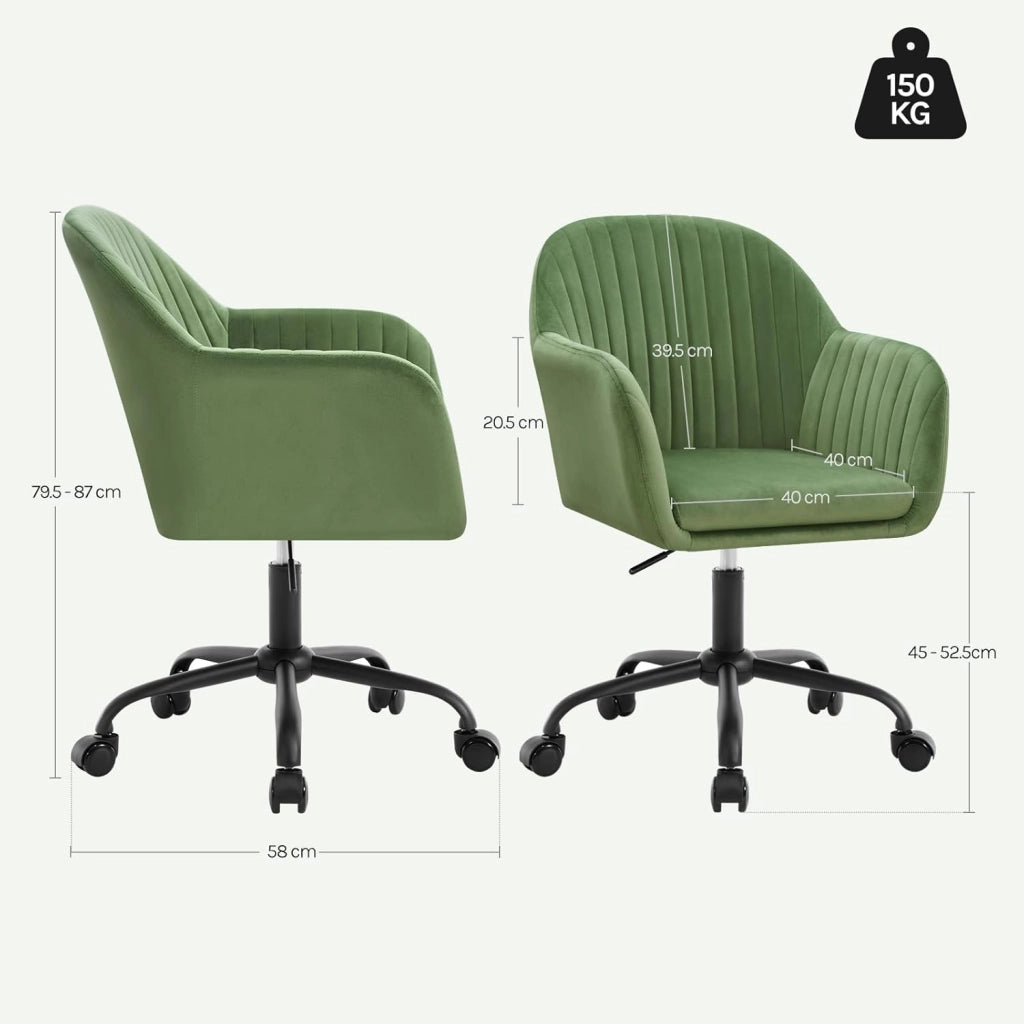 Sedia da Ufficio, Sedia da Toeletta, Poltrona Ergonomica, Ampia, in Velluto Imbottita, Regolabile in Altezza per Ufficio e Camera da Letto, Verde, BS166gn