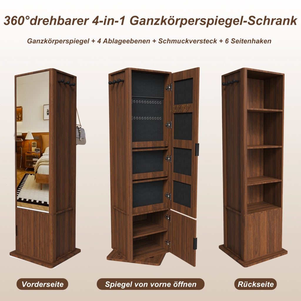 Armadio con Specchio ¨C Minimal ¨C Noce scuro MDF 4 in 1 multiuso per camera con appendiabiti e ripiani