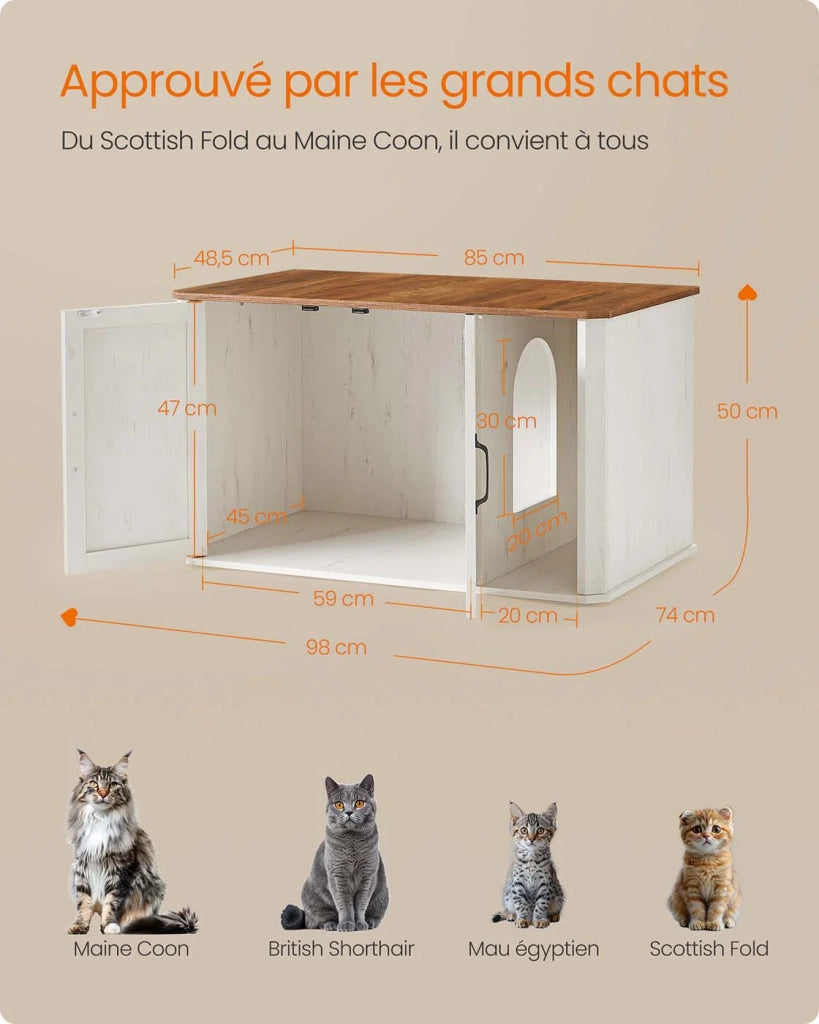 Mobiletto per lettiera per gatti mobile moderno ingresso doppie ante maniglie cuccia per gatti tavolino laterale 85 x 48,5 x 50 cm bianco 12_0006514