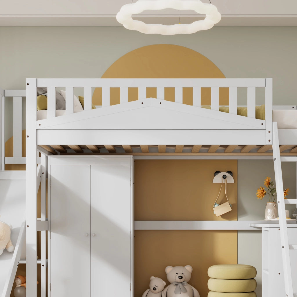 OKWISH Letto a Castello 90×200 cm, Letto Singolo con Scivolo, Scrivania, Armadio, Mensole e Scala, senza Materasso, Bianco