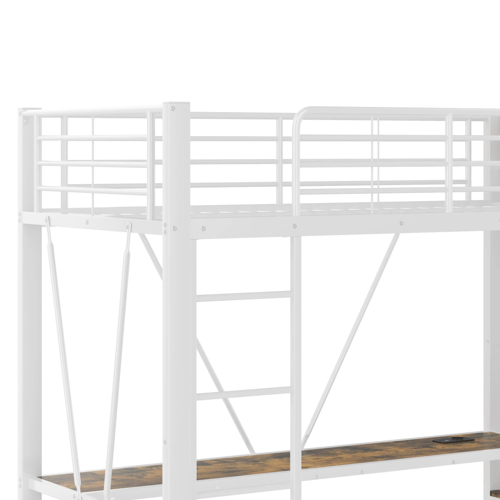 DESMIU Letto a Soppalco Singolo con Scrivania, 4 Cassetti, USB, Type-C, LED e Scaffali 90 × 200 cm Senza Materasso