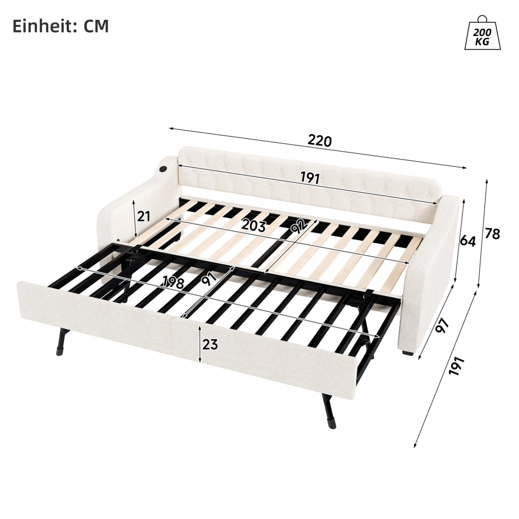 Divanoletto 90x200 cm con letto estraibile e presa USB, tessuto beige