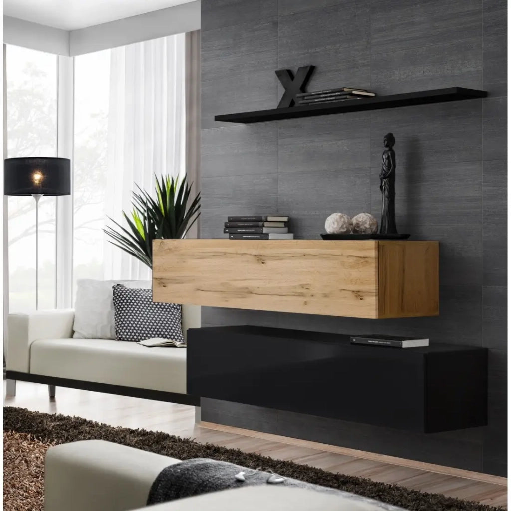 Set di mobili da soggiorno SWITCH SBII design, colore nero lucido e quercia Wotan.