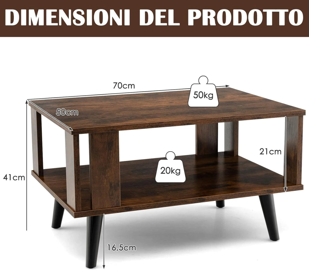Tavolino da Salotto in Legno, Tavolino Centrale a 2 Livelli con Ripiano di Stoccaggio Aperto, Tavolino da Caffè Industriale e Moderno per Soggiorno e Ufficio, Portata 50 kg, 70 x 50 x 41cm