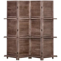 Paravento Interno a 4 Pannelli 162L x 170H cm 3 Ripiani Pieghevoli Separatore di Ambiente Porte a Persiana Legno di Paulownia Noce