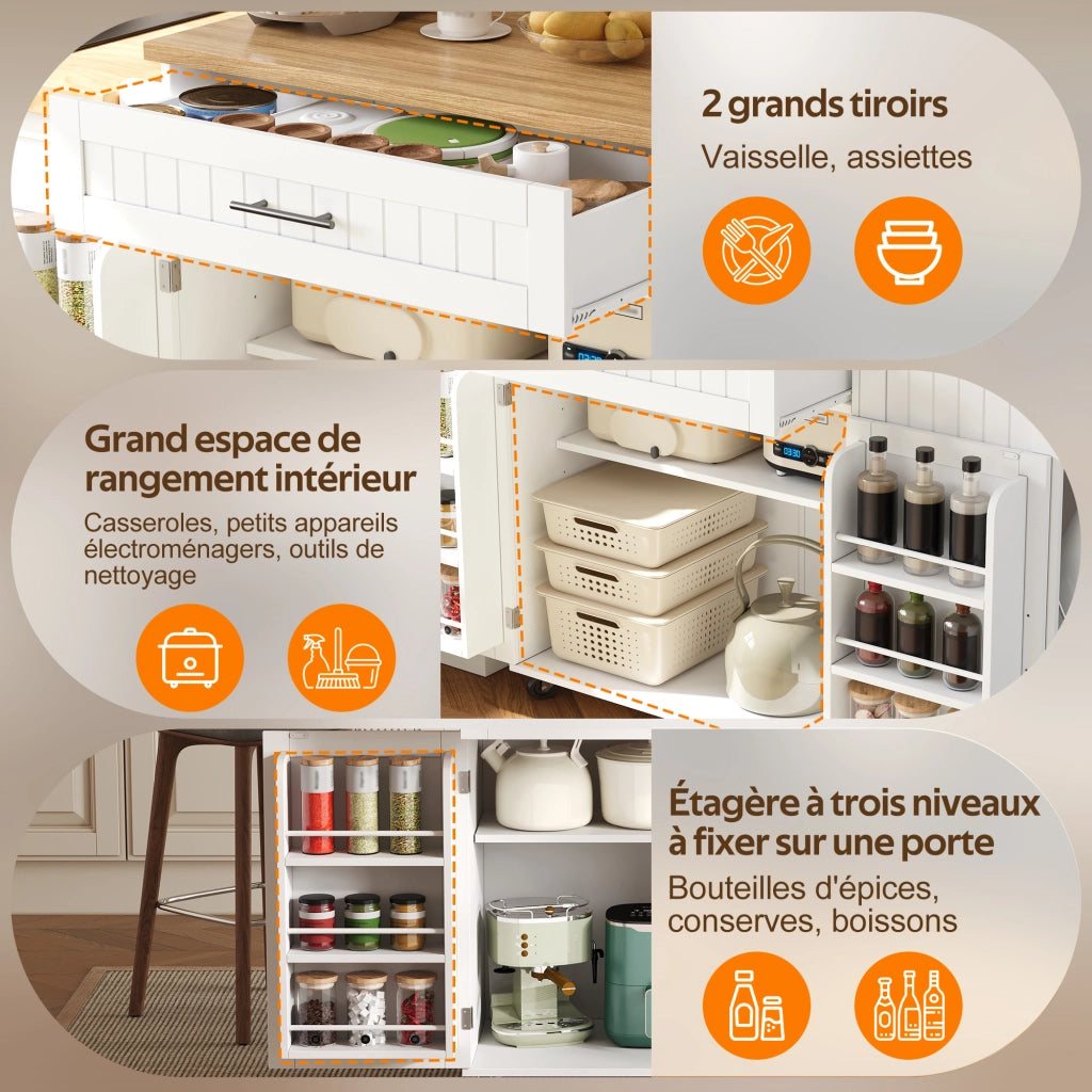 Carrello da cucina con 1 cassetto; vano pattumiera; ripiani sulla porta e piano ribaltabile; bianco; 130 × 70 × 93 cm