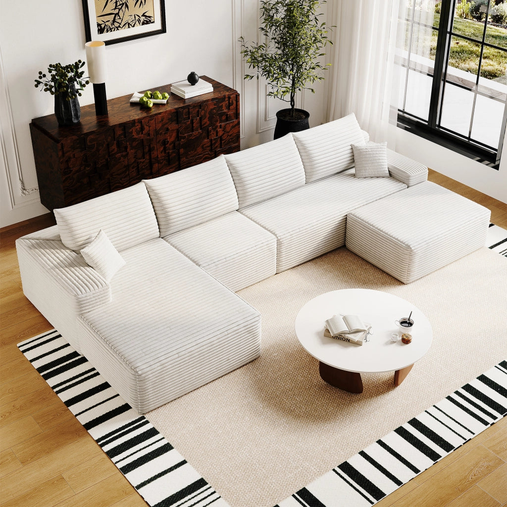 Divano ad angolo modulare con chaise longue a L e schiuma ad alta elasticità in tessuto bianco per soggiorno grande