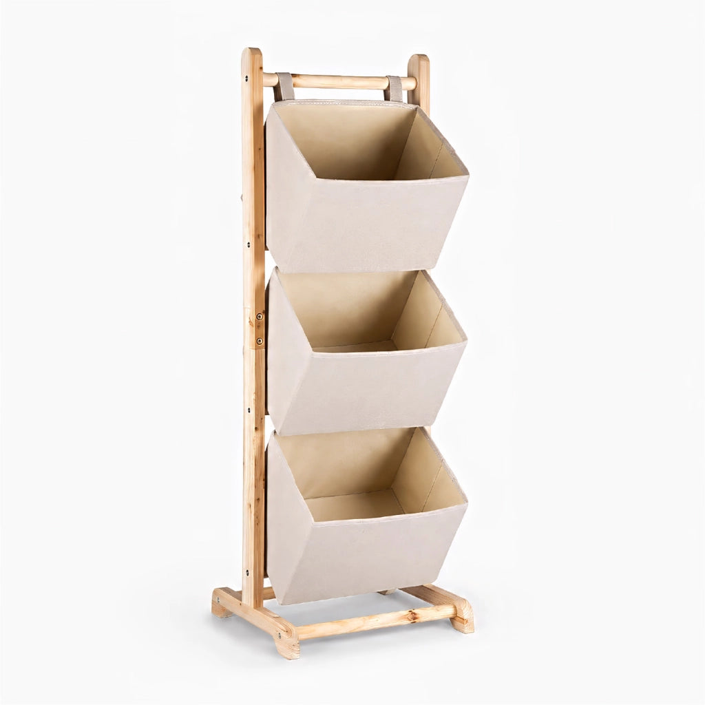 Mobiletto Portaoggetti Con 3 Cestini in Tessuto, Struttura in Legno, Organizer Salvaspazio 35 x 35 x 101,5 cm per Camera, Soggiorno e Cameretta, Beige