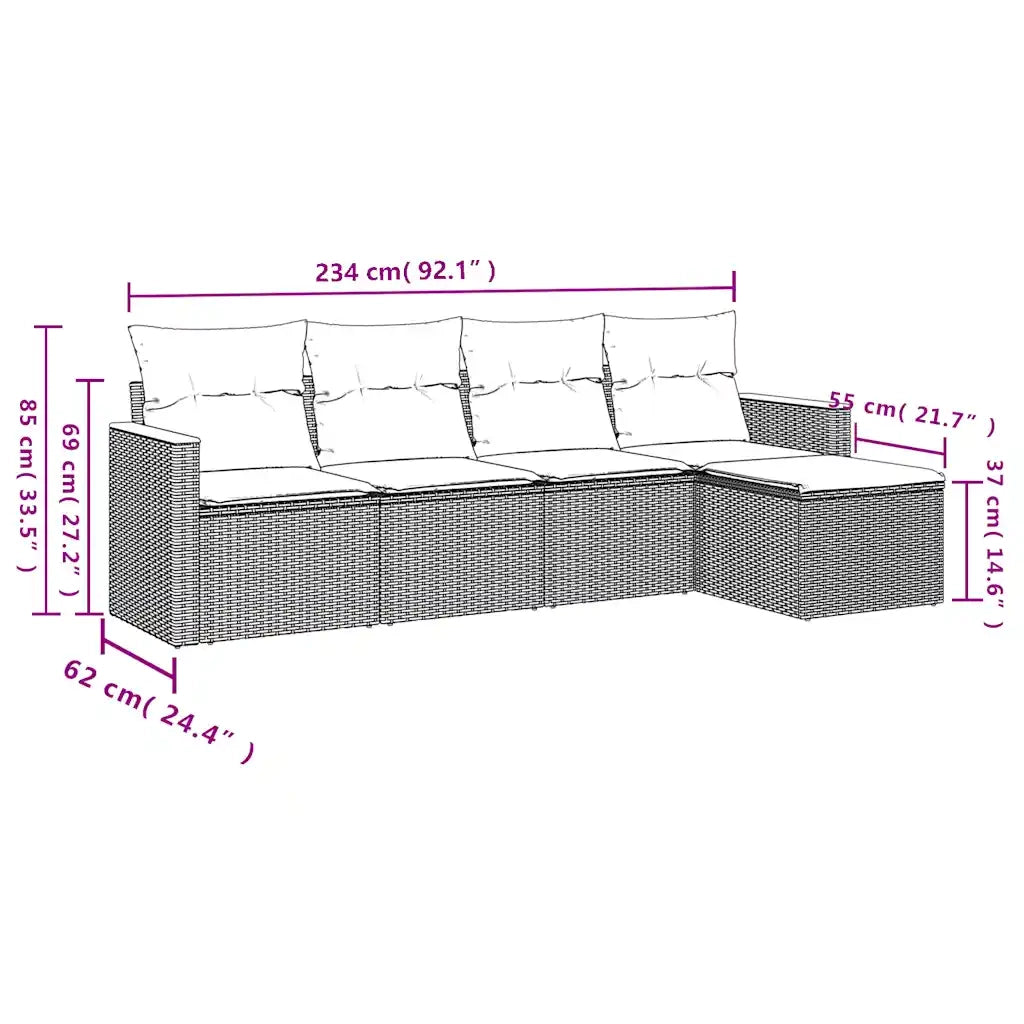 Set Divano da Giardino 5 pz con Cuscini Beige in Polyrattan