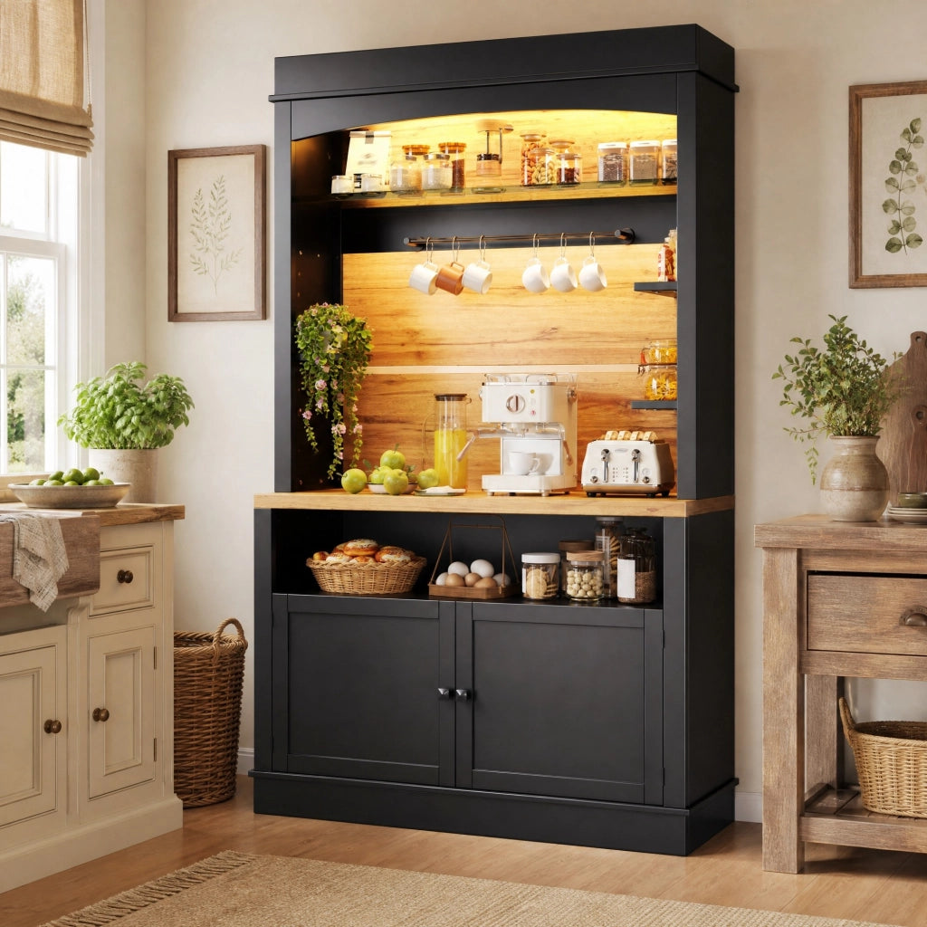 Credenza alta da cucina con LED USB, 107x43x184 cm, nera