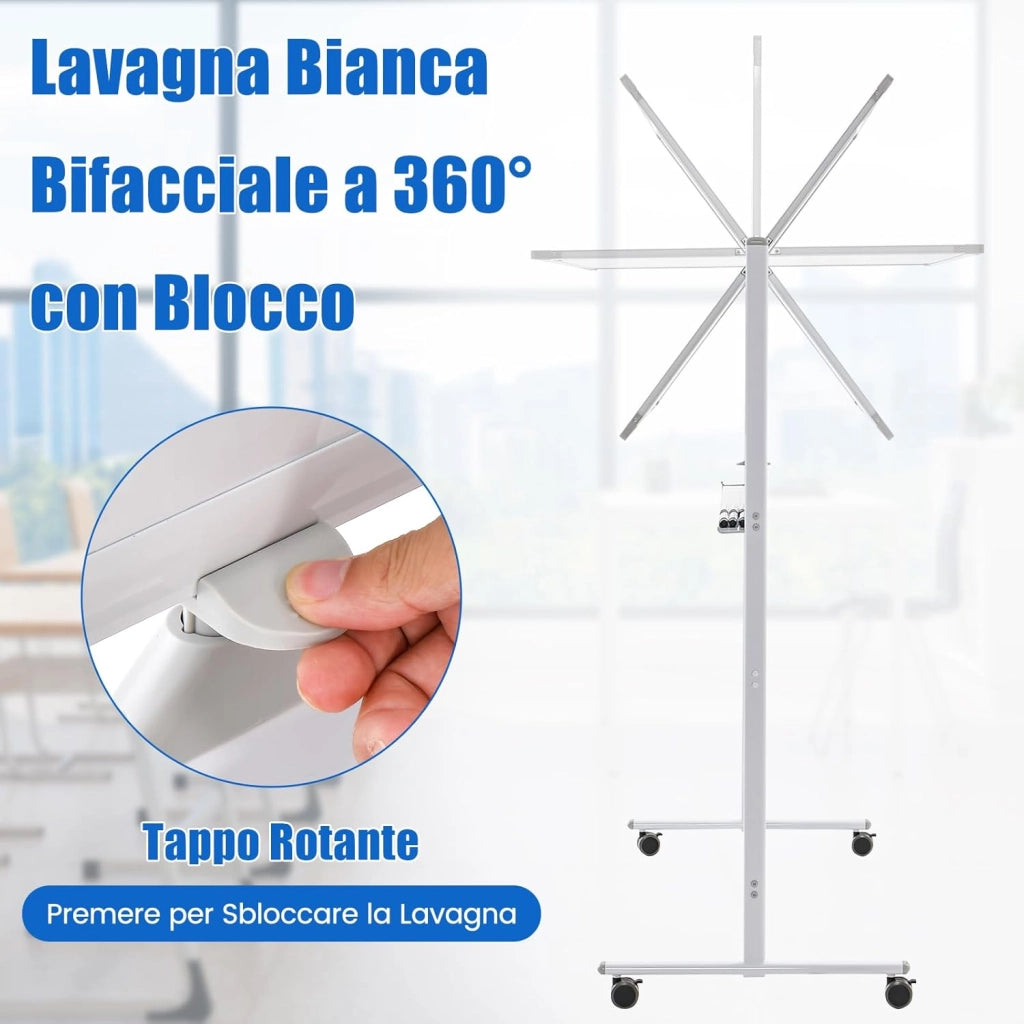 Lavagna Bianca Mobile 120 x 80 cm, Lavagna a Doppia Faccia Magnetica Cancellabile a Secco con Cavalletto e Ruote, Altezza Regolabile 2 Livelli, Accessori Completi (Bianco)