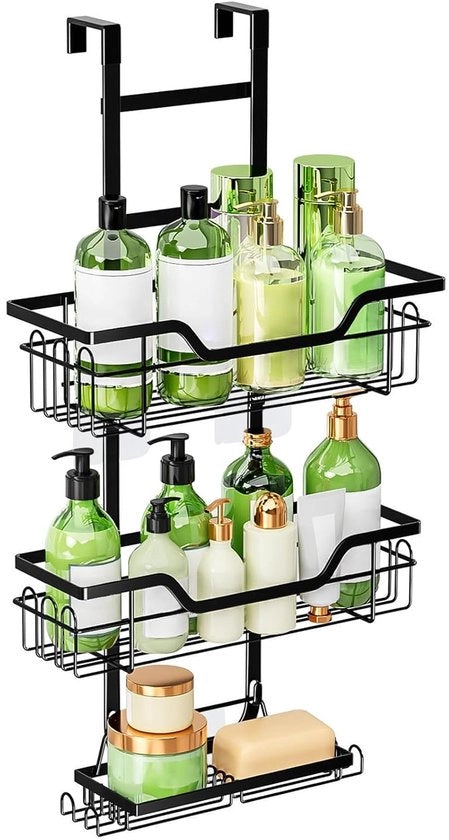 Sostegno per doccia - senza foratura - porta vetro - supporto per shampoo e gel doccia - nero